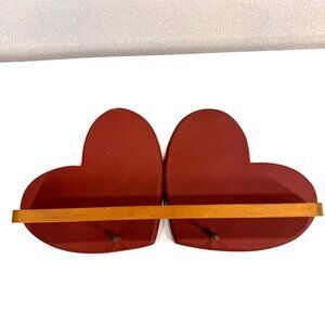 Vintage Wood Red Double Heart Wall Shelf Rack Pegs Farmhouse Country Decor